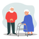 a couple of elderly people with mobility difficulties older pensioners with walkers and canes are happy and live full lives flat graphics free vector